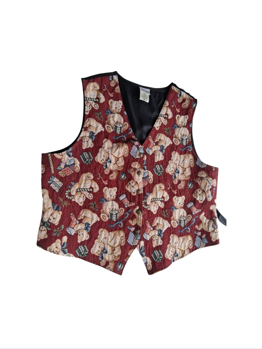 Bobbie Brooks Vest Tapestry Christmas Teddy Bear Holidays Theme Button Front